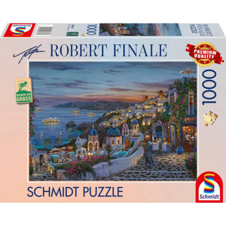 Schmidt Puzzlebox mit 1000 Teilen und einem bunten Küstendorf-Gemälde von Robert Finale.