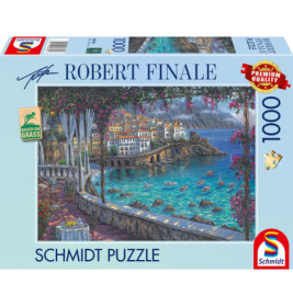 Puzzlebox mit Küstenstadt-Motiv, Aufschrift: Robert Finale, Schmidt Puzzle, 1000 Teile.