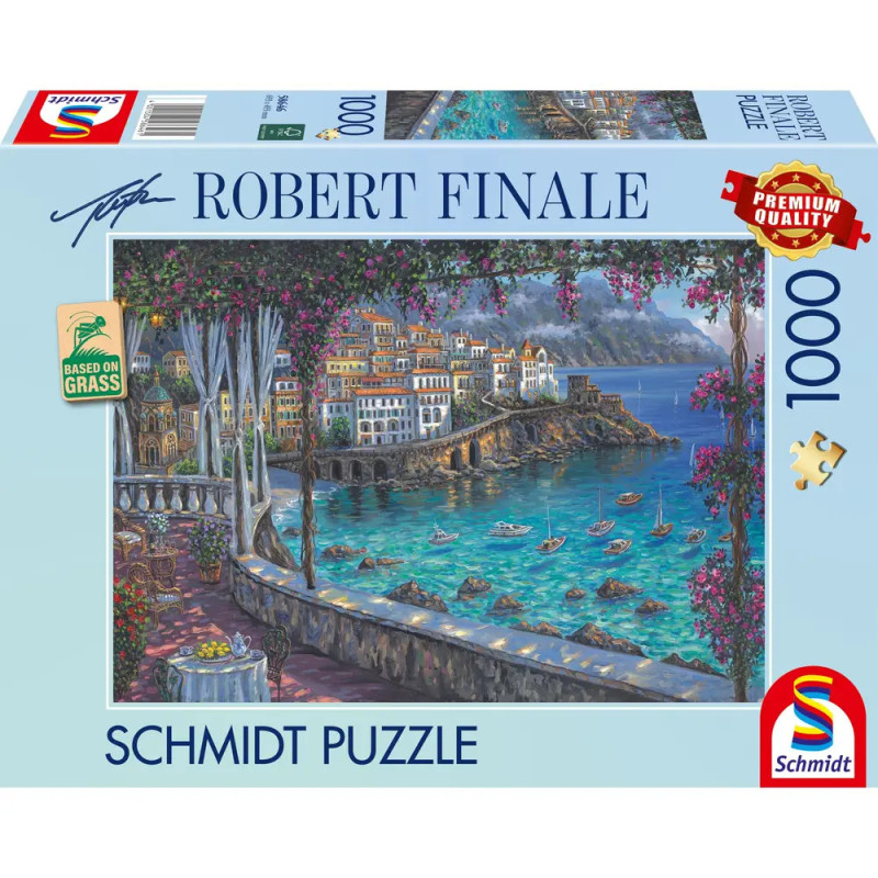 Puzzlebox mit Küstenstadt-Motiv, Aufschrift: Robert Finale, Schmidt Puzzle, 1000 Teile.