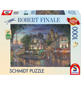Schmidt Puzzle mit 1000 Teilen und farbenfrohem, gemaltem Paris-Motiv von Robert Finale auf der Schachtel.