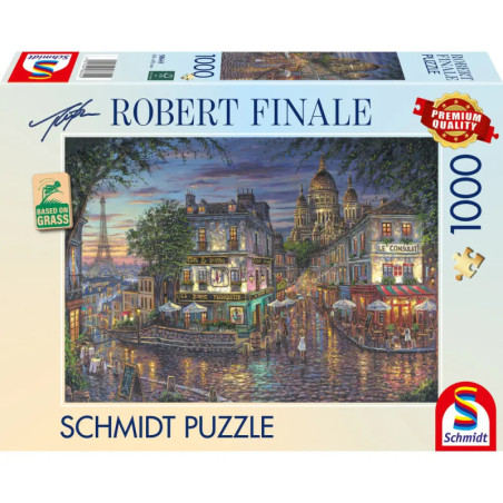 Schmidt Puzzle mit 1000 Teilen und farbenfrohem, gemaltem Paris-Motiv von Robert Finale auf der Schachtel.