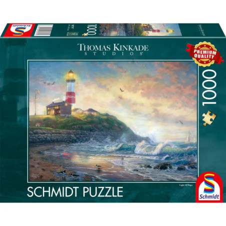 Puzzlebox mit Motiv: Leuchtturm an felsiger Küste bei Sonnenuntergang, Wellen, Vögel und ein nahes Haus.