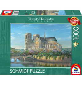 Schmidt Puzzle, 1000 Teile: Gemälde der Notre-Dame-Kathedrale von Thomas Kinkade Studios auf der Verpackung.
