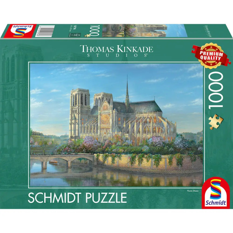 Schmidt Puzzle, 1000 Teile: Gemälde der Notre-Dame-Kathedrale von Thomas Kinkade Studios auf der Verpackung.