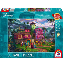 Disney-Puzzle mit 1000 Teilen, zeigt das Encanto-Haus samt Figuren und Regenbogen auf der farbenfrohen Verpackung.