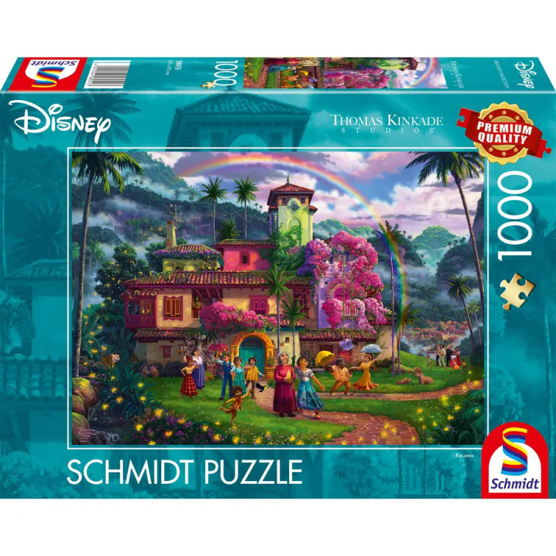 Disney-Puzzle mit 1000 Teilen, zeigt das Encanto-Haus samt Figuren und Regenbogen auf der farbenfrohen Verpackung.