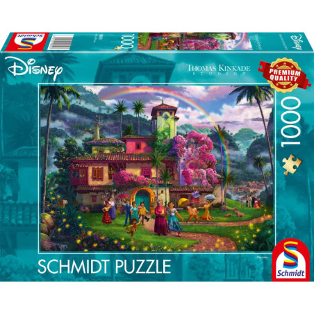Disney-Puzzle mit 1000 Teilen, zeigt das Encanto-Haus samt Figuren und Regenbogen auf der farbenfrohen Verpackung.