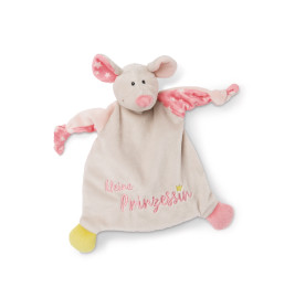 Plüsch-Schweine-Schnuffeltuch mit rosa Ohren, kleine Prinzessin Schriftzug und bunten Füßen auf weißem Hintergrund.