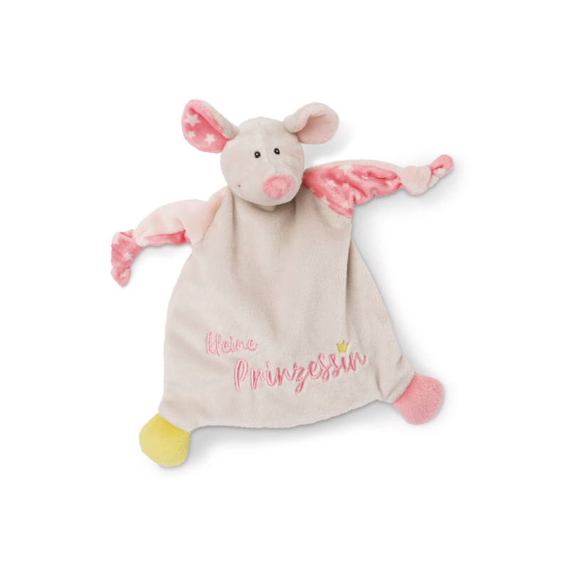 Plüsch-Schweine-Schnuffeltuch mit rosa Ohren, kleine Prinzessin Schriftzug und bunten Füßen auf weißem Hintergrund.
