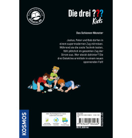 Cover von Die drei ??? Kinder: Das Schienen-Monster zeigt drei Jungen, die auf Gleisen ermitteln.