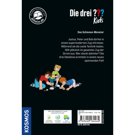 Cover von Die drei ??? Kinder: Das Schienen-Monster zeigt drei Jungen, die auf Gleisen ermitteln.