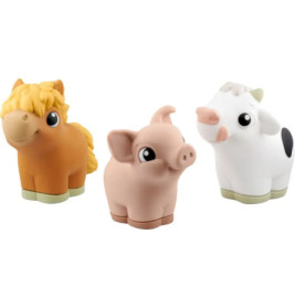 Drei Gummitiere: ein braunes Pferd, ein rosa Schwein und eine weiße Kuh mit schwarzen Flecken.