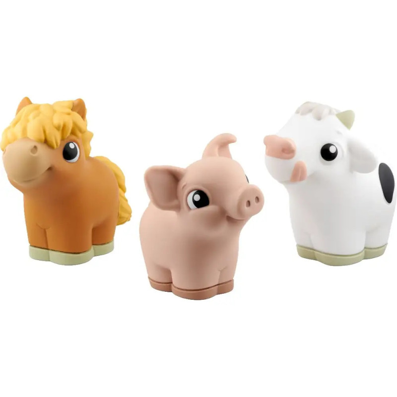 Drei Gummitiere: ein braunes Pferd, ein rosa Schwein und eine weiße Kuh mit schwarzen Flecken.