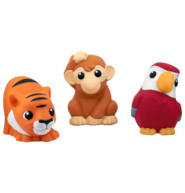 Drei bunte Spielzeugtiere - Tiger, Affe und Papagei - mit großen Augen und freundlichen Gesichtern.