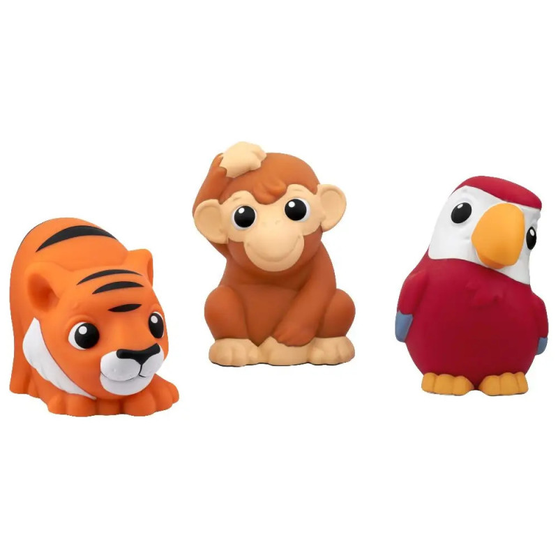 Drei bunte Spielzeugtiere - Tiger, Affe und Papagei - mit großen Augen und freundlichen Gesichtern.