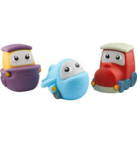 Drei bunte Spielzeugfahrzeuge mit Comic-Gesichtern: violettes Auto, blaues Flugzeug und roter Zug.