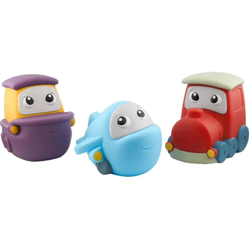 Drei bunte Spielzeugfahrzeuge mit Comic-Gesichtern: violettes Auto, blaues Flugzeug und roter Zug.