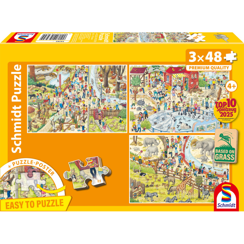 Schmidt Puzzle: Box mit drei bunten Zoo-Motiven, je 48 Teile, empfohlen ab 4 Jahren.