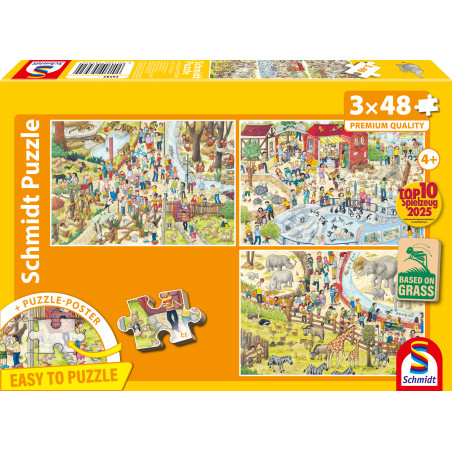 Schmidt Puzzle: Box mit drei bunten Zoo-Motiven, je 48 Teile, empfohlen ab 4 Jahren.