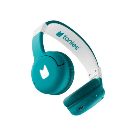 Türkise und weiße Kopfhörer mit Katzenlogo und Tonies-Branding auf dem Bügel, freigestellt vor weißem Hintergrund.