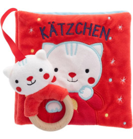 Rotes Plüsch-Babybuch mit Kätzchen-Schriftzug und passender Katzen-Rassel mit Holzring.