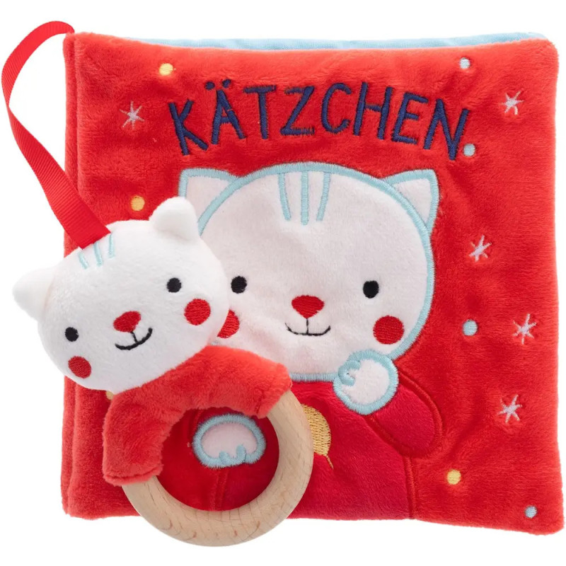 Rotes Plüsch-Babybuch mit Kätzchen-Schriftzug und passender Katzen-Rassel mit Holzring.