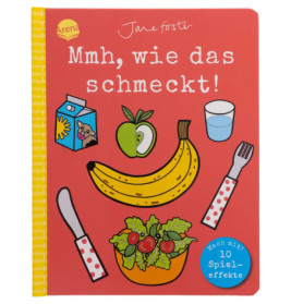 Deutsches Kinderbuchcover mit Abbildungen von Banane, Salat, Apfel, Milch und Wasser auf rotem Hintergrund.