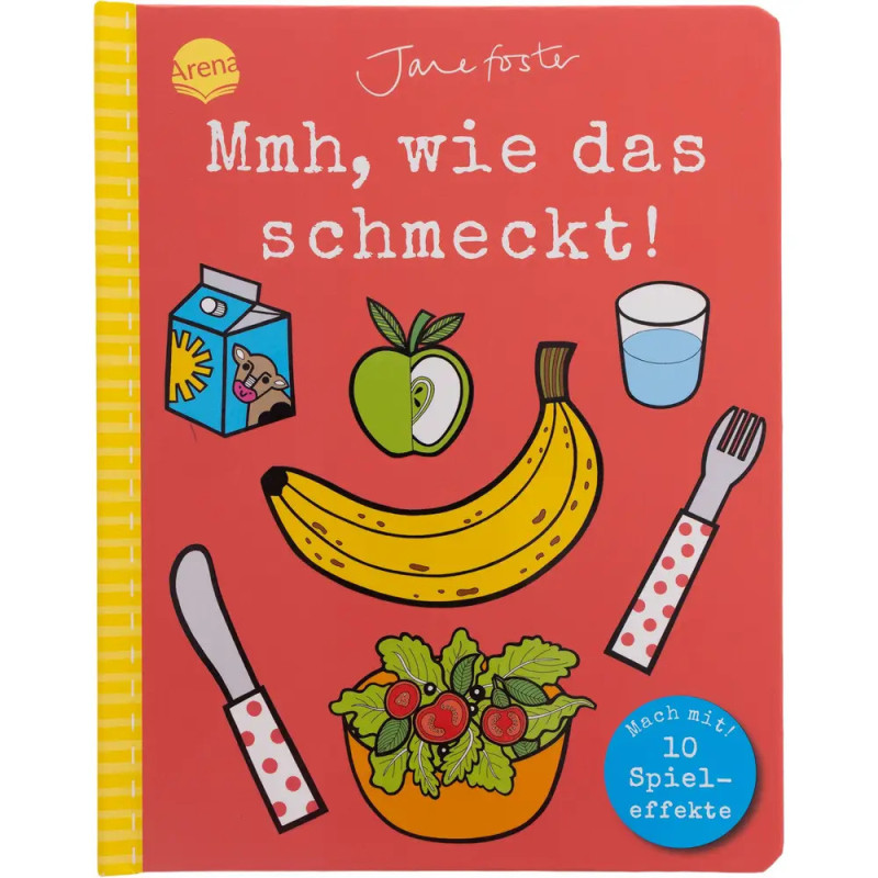 Deutsches Kinderbuchcover mit Abbildungen von Banane, Salat, Apfel, Milch und Wasser auf rotem Hintergrund.