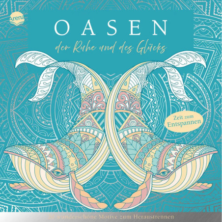 Zwei verzierte Delfine bilden ein Herz, umgeben von deutschem Text und mandalaartigen Dekorationen im Hintergrund.