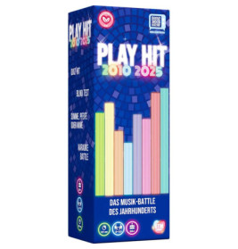 Bunte PLAY HIT 2010-2025 Musikquiz-Box mit Balkendiagrammen und deutschem Text auf blauem Hintergrund.