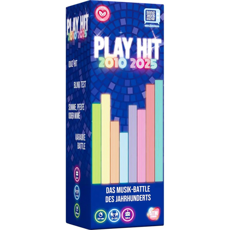 Bunte PLAY HIT 2010-2025 Musikquiz-Box mit Balkendiagrammen und deutschem Text auf blauem Hintergrund.