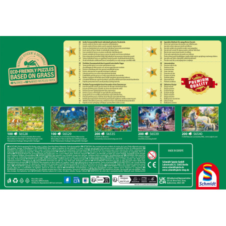 Rückseite einer Schmidt-Puzzlebox mit fünf Puzzle-Bildern, Umweltlogos und Produktinfos.