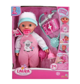 Puppe im rosa-weißen Outfit mit Arztzubehör in Box Laura Kleine Patientin, geeignet ab 2 Jahren.