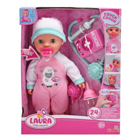 Puppe im rosa-weißen Outfit mit Arztzubehör in Box Laura Kleine Patientin, geeignet ab 2 Jahren.