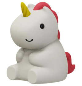 Rundes, weißes Einhorn-Spielzeug mit gelbem Horn, roter Mähne und Schwanz sowie lächelndem Gesicht.