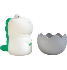 Weiße-grüne Dinosaurierfigur neben grauem, eiförmigem Behälter mit gezacktem Rand.