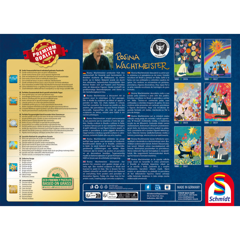 Rückseite einer Schmidt-Puzzlebox mit Rosina Wachtmeisters Biografie, Foto und Bildern bunter Katzenpuzzles.