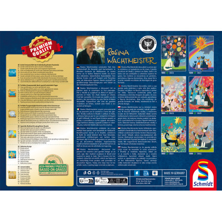 Rückseite einer Schmidt-Puzzlebox mit Rosina Wachtmeisters Biografie, Foto und Bildern bunter Katzenpuzzles.