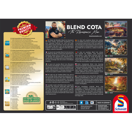 Rückseite der Puzzlebox mit Blend Cotas Bio, Infos zur Nachhaltigkeit und Bildern von vier bunten fertigen Puzzles.