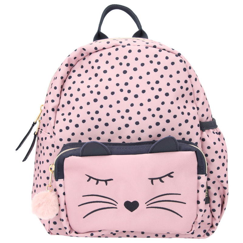 Rosa Rucksack mit Punkten, Fronttasche im Katzen-Design und flauschigem Pompon-Schlüsselanhänger.