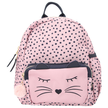 Rosa Rucksack mit Punkten, Fronttasche im Katzen-Design und flauschigem Pompon-Schlüsselanhänger.