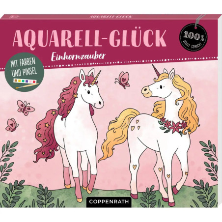 Zwei bunte Einhörner mit Herzdeko auf pinkem Blumenhintergrund; deutscher Text auf dem Cover.