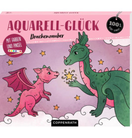 Zwei Cartoon-Drachen, einer klein und rosa, einer groß und grün, halten Sterne vor rosa Wolkenhintergrund.