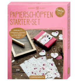 Papierherstellungs-Set in rosa Box mit selbstgemachtem Papier, Holzrahmen und Bastelmaterialien.