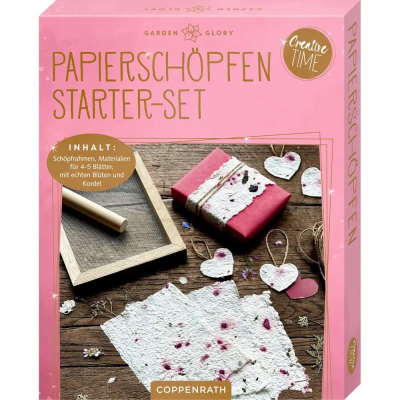 Papierherstellungs-Set in rosa Box mit selbstgemachtem Papier, Holzrahmen und Bastelmaterialien.