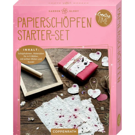 Papierherstellungs-Set in rosa Box mit selbstgemachtem Papier, Holzrahmen und Bastelmaterialien.