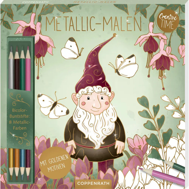 Malset mit einem Wichtel, Schmetterlingen, Blumen und Metallicstiften in einer fantasievollen Gartenszene.