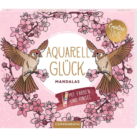 Buchcover mit zwei Spatzen, rosa Kirschblüten und deutschem Text zu Aquarell-Mandalas.