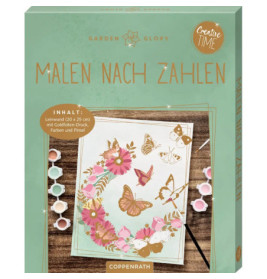 Malset mit Blumen- und Schmetterlingsmotiv, Farbbehältern und Pinsel auf dem Cover.