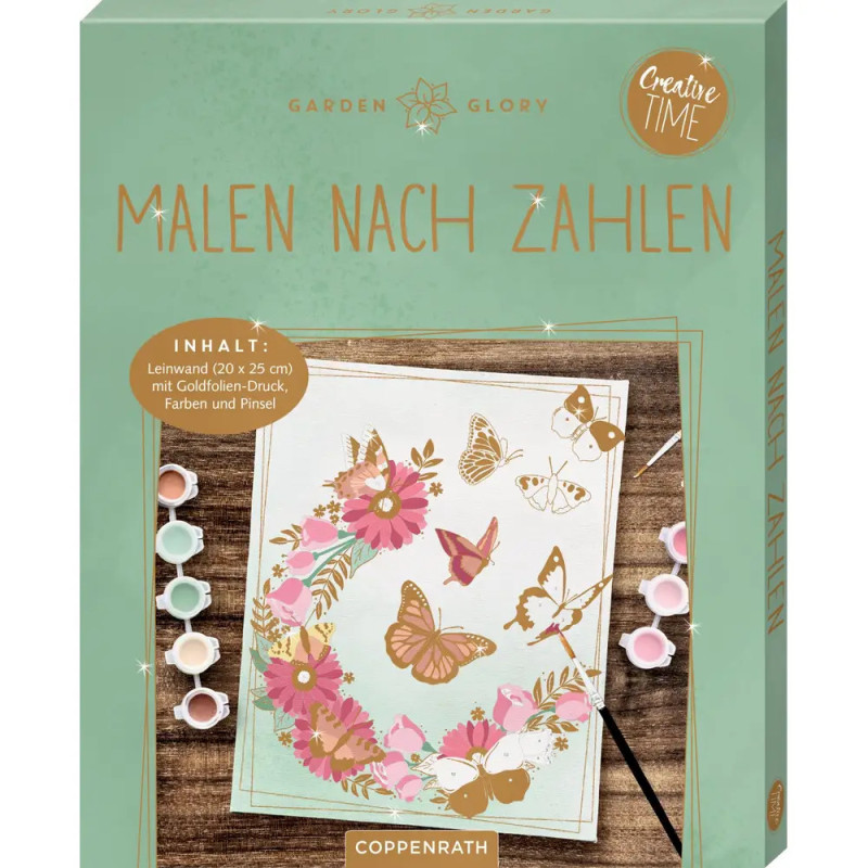 Malset mit Blumen- und Schmetterlingsmotiv, Farbbehältern und Pinsel auf dem Cover.